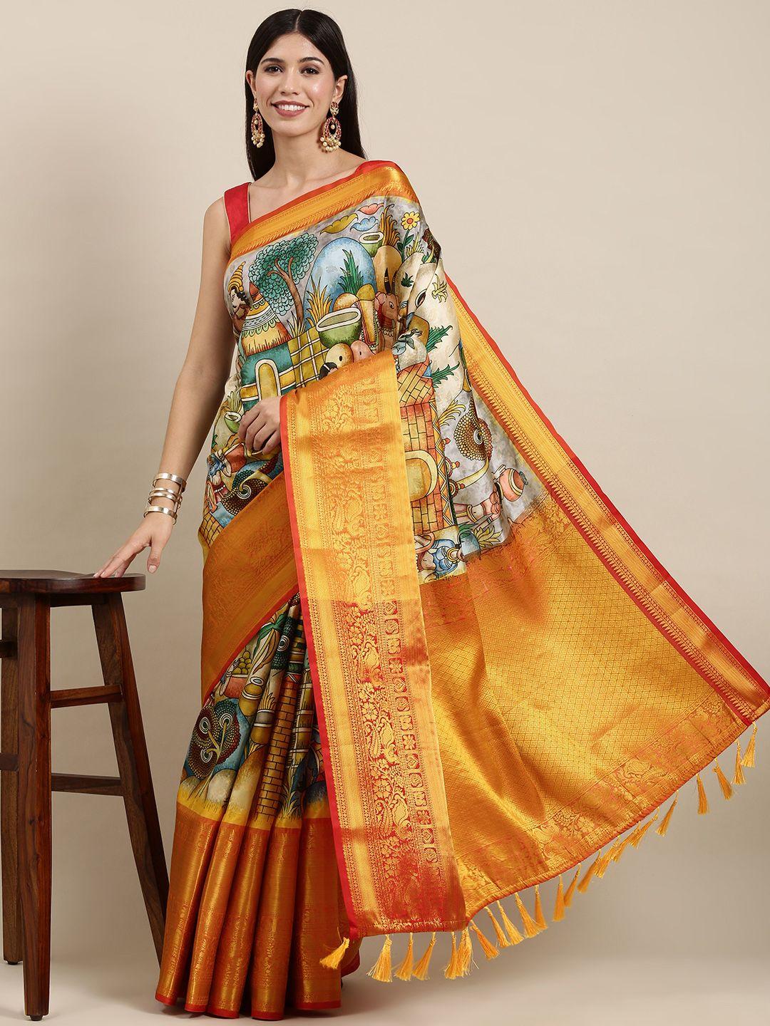 vastranand off white & mustard yellow kalamkari print banarasi saree