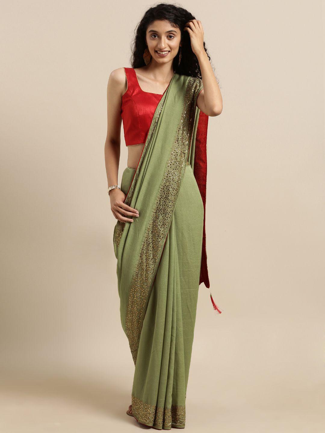 vastranand olive green solid poly silk saree with embellished border