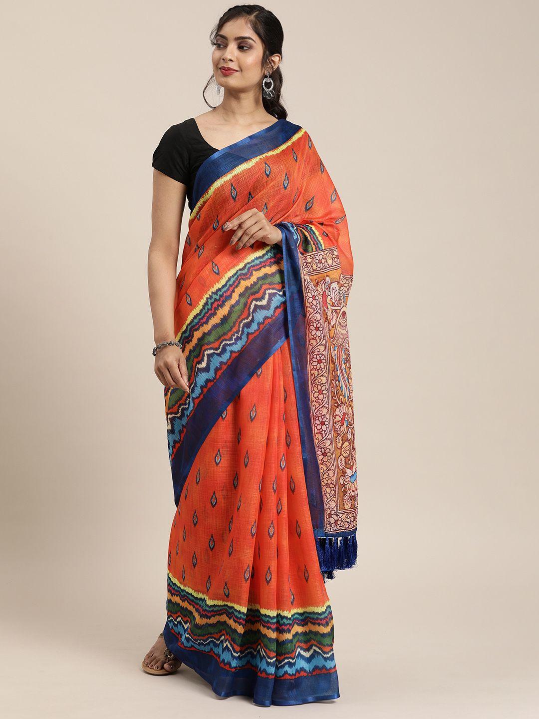 vastranand orange & blue linen blend printed ikat saree