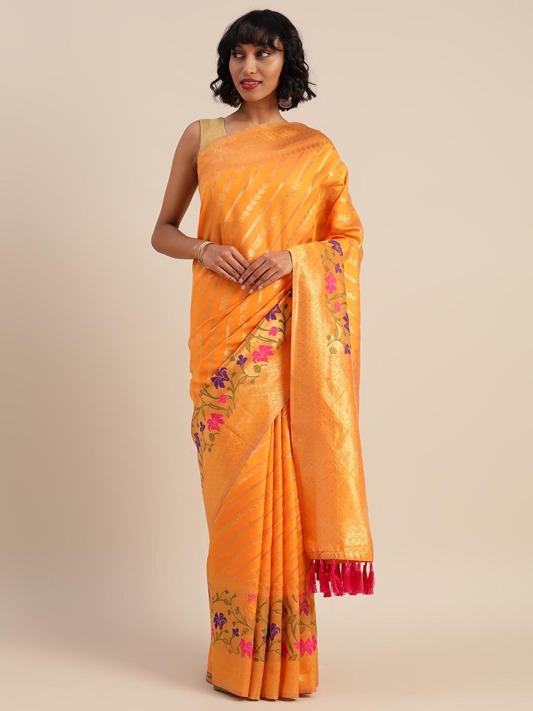 vastranand orange & gold-toned silk cotton printed banarasi saree