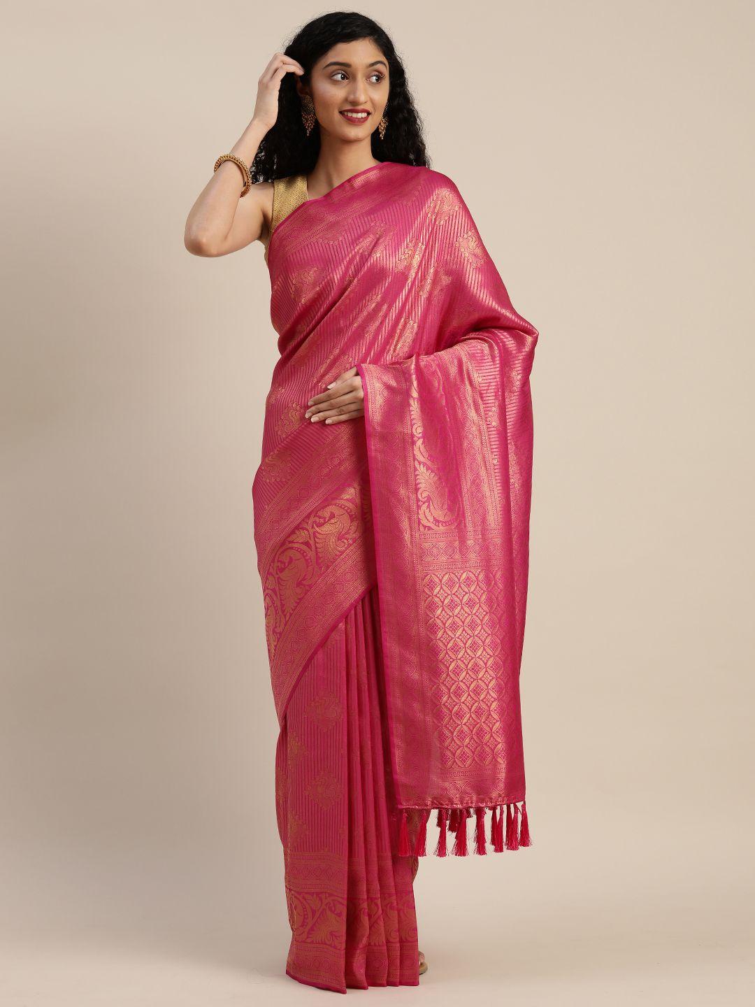 vastranand pink & gold-toned silk blend woven design banarasi saree