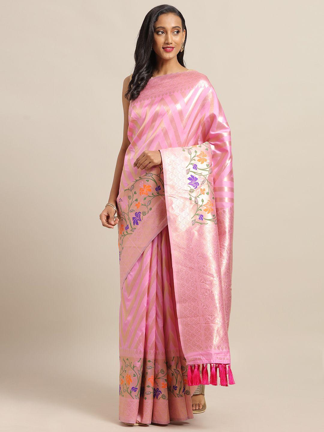 vastranand pink & gold-toned silk cotton woven design banarasi saree