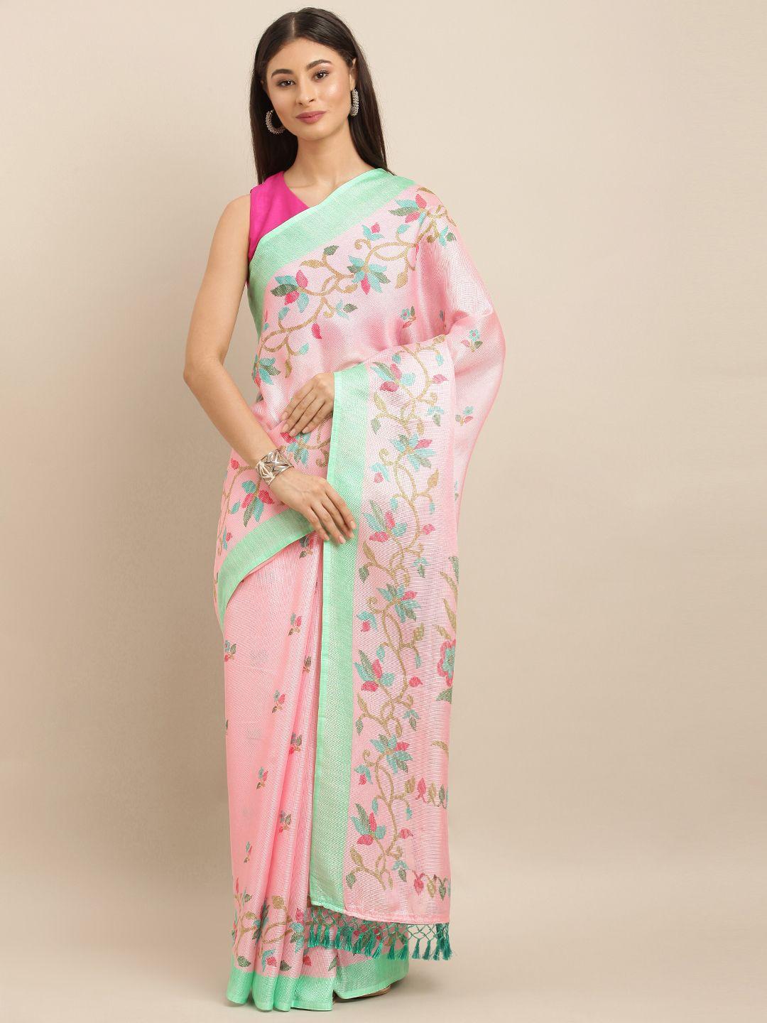 vastranand pink & green jute silk printed jamdani saree