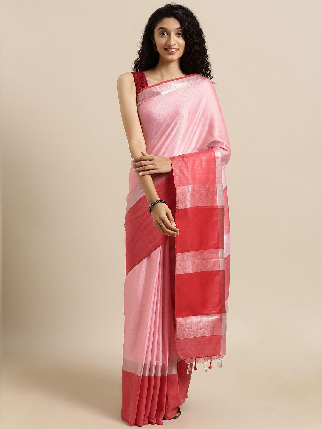 vastranand pink & red linen blend solid saree