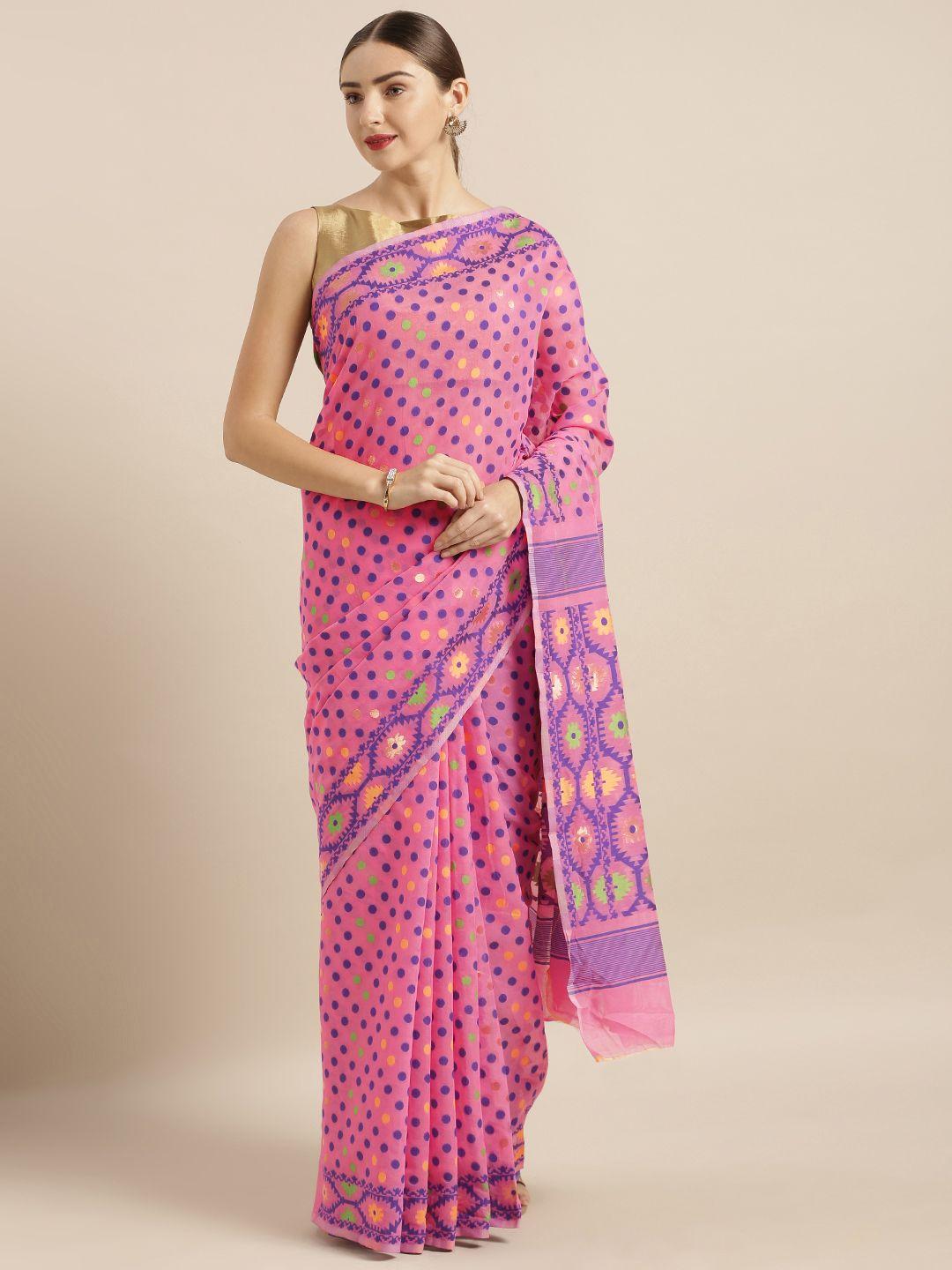 vastranand pink silk cotton woven design jamdani saree