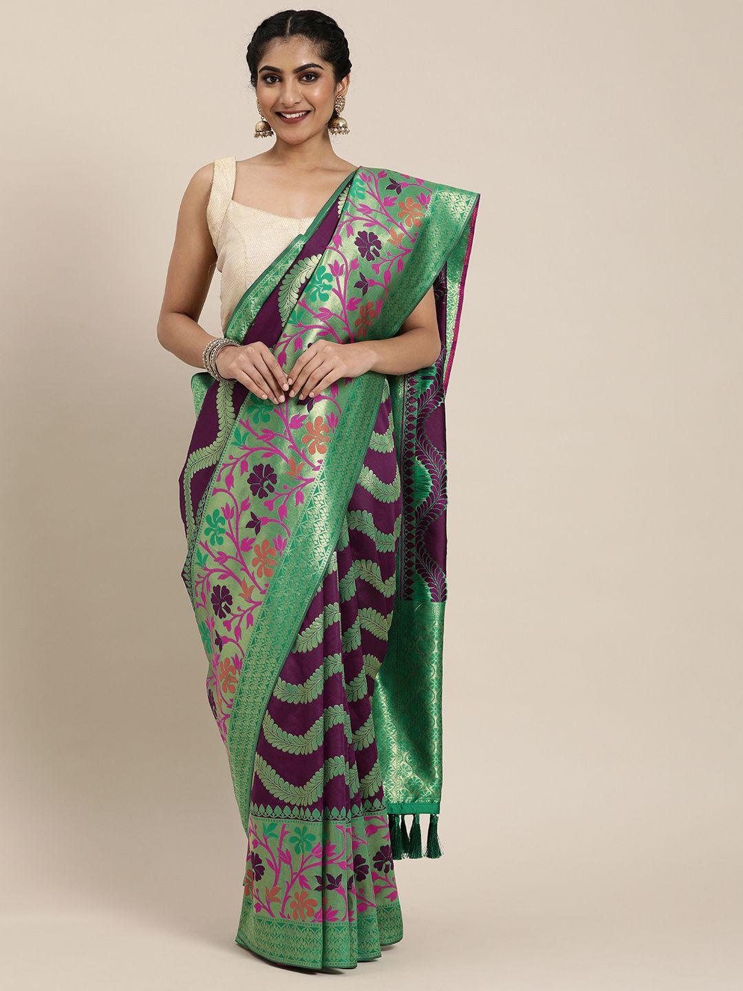 vastranand purple & green silk blend printed banarasi saree