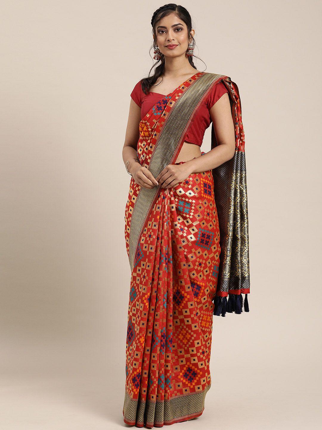 vastranand red & gold-toned silk blend woven design patola saree