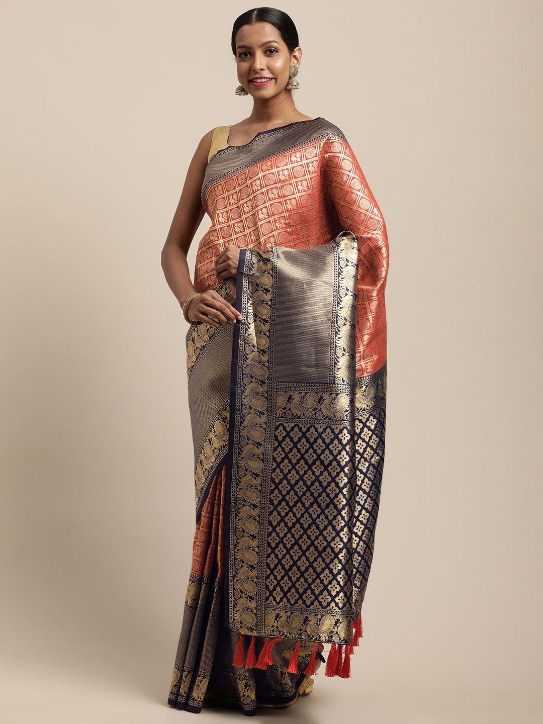 vastranand red & navy blue silk blend woven design banarasi saree