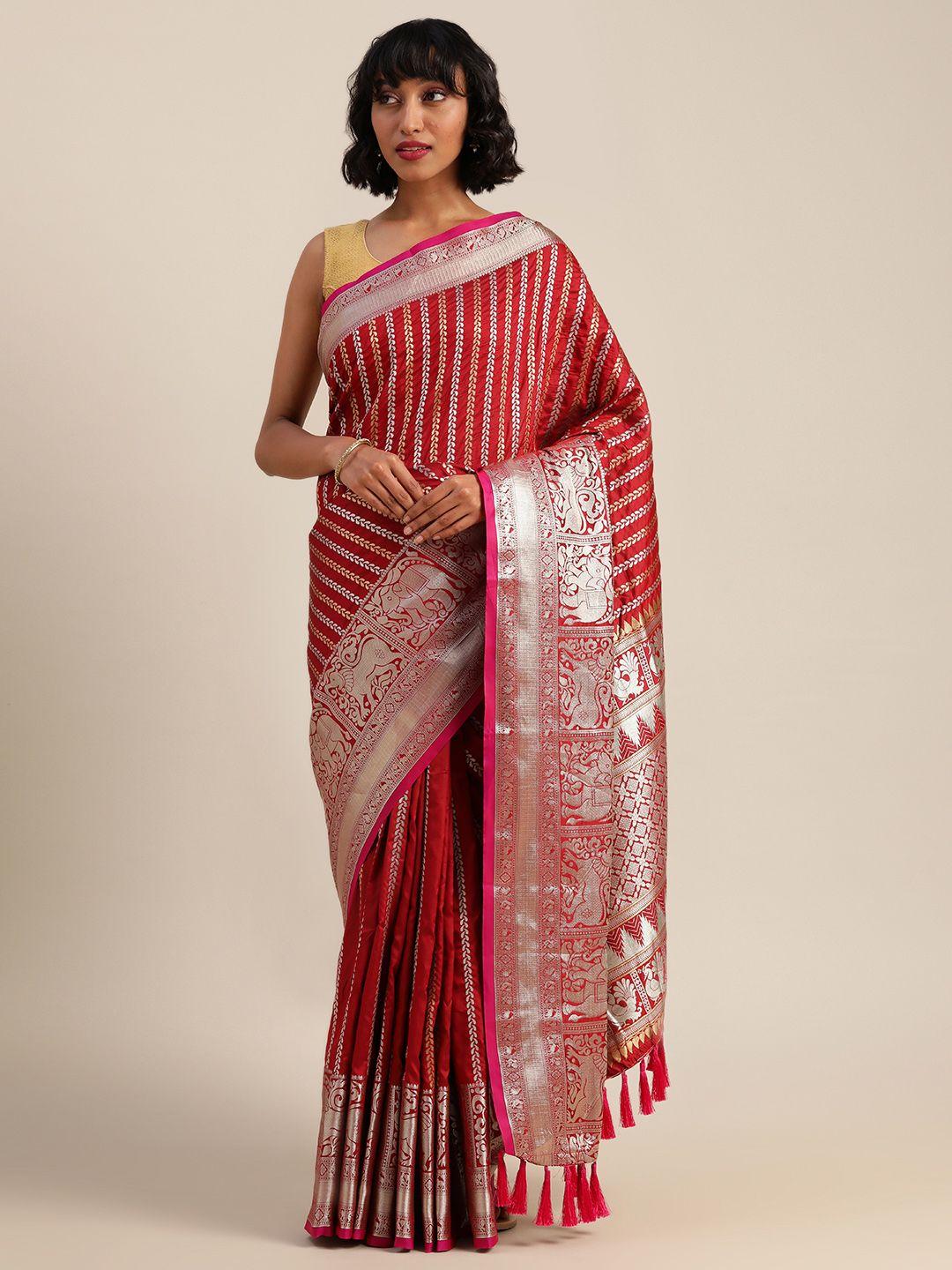 vastranand red & silver-toned silk blend embellished banarasi saree