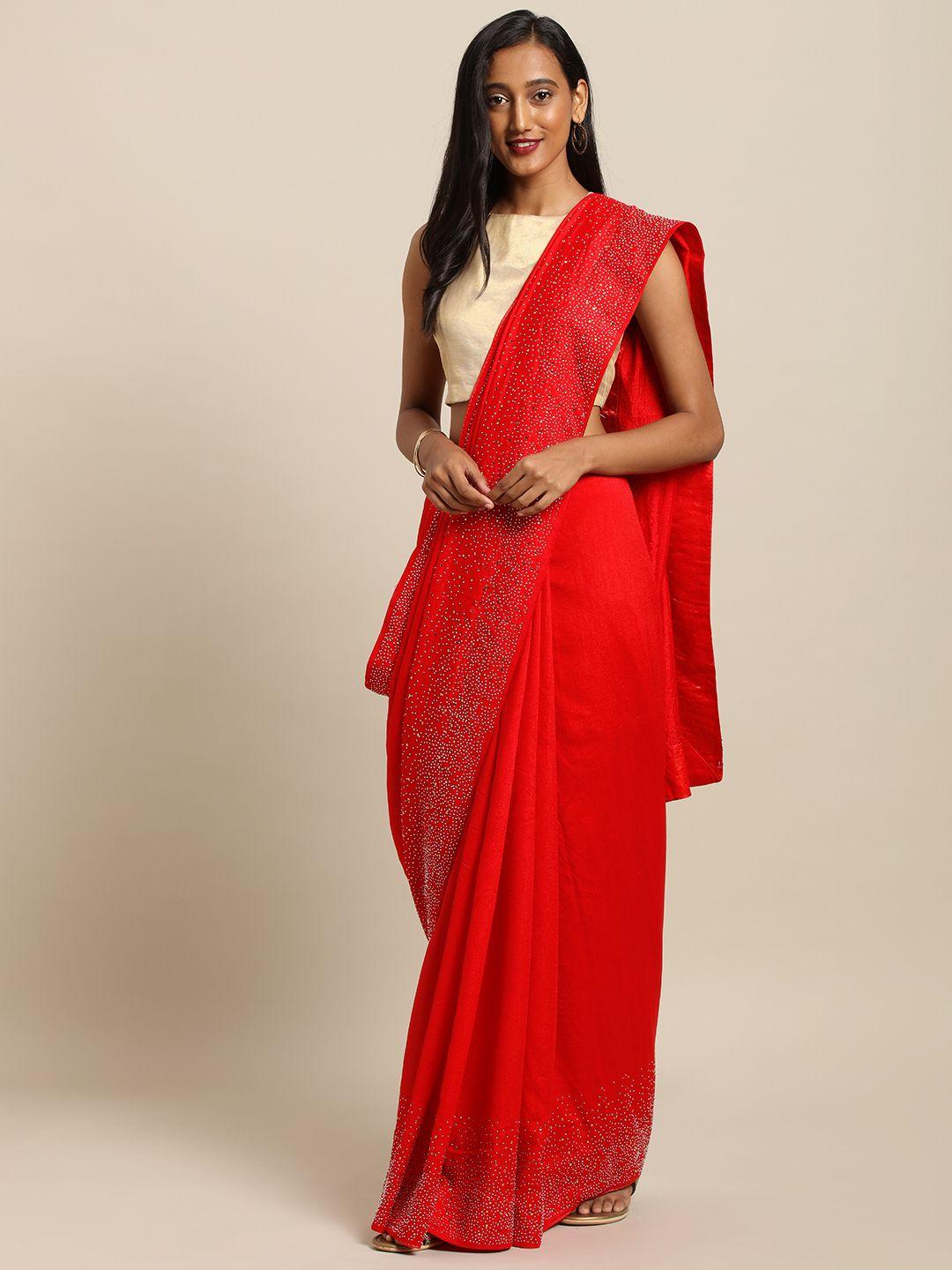 vastranand red embellished poly silk saree