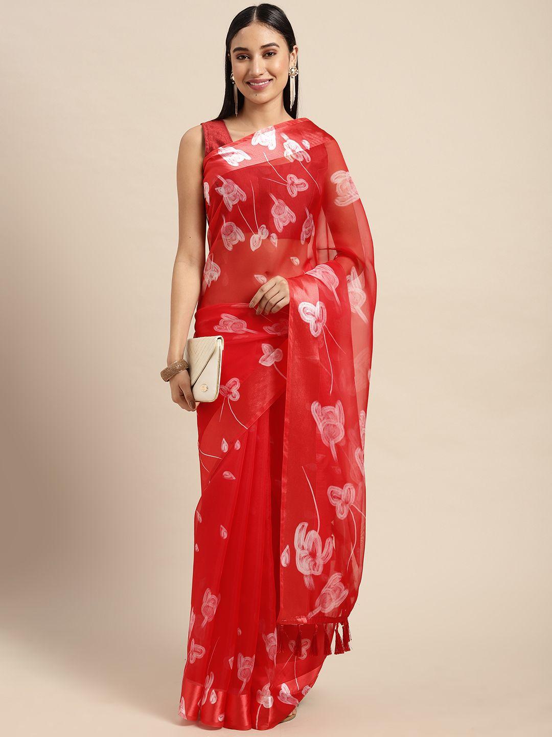 vastranand red floral print organza saree