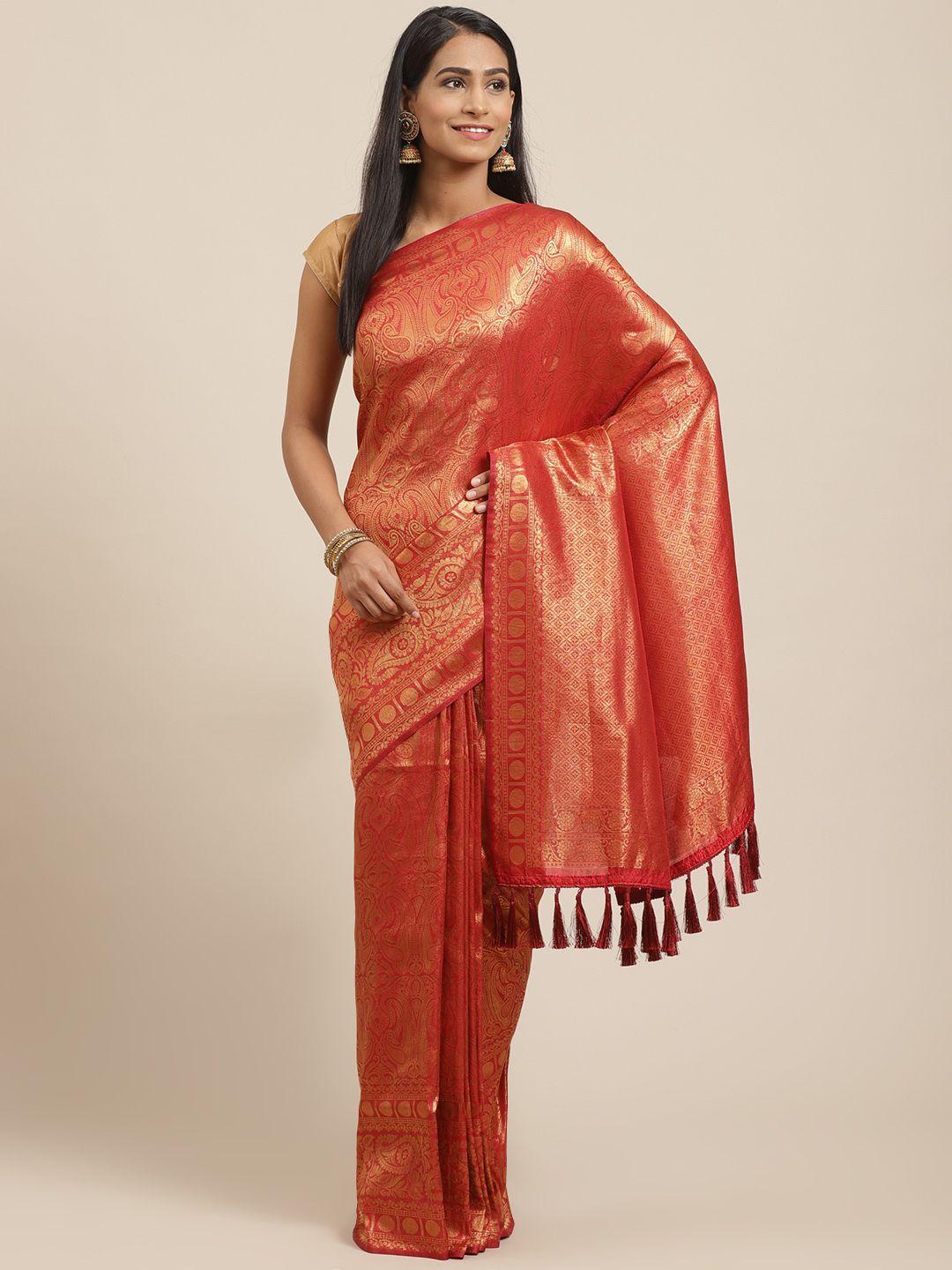 vastranand red golden woven design banarasi saree