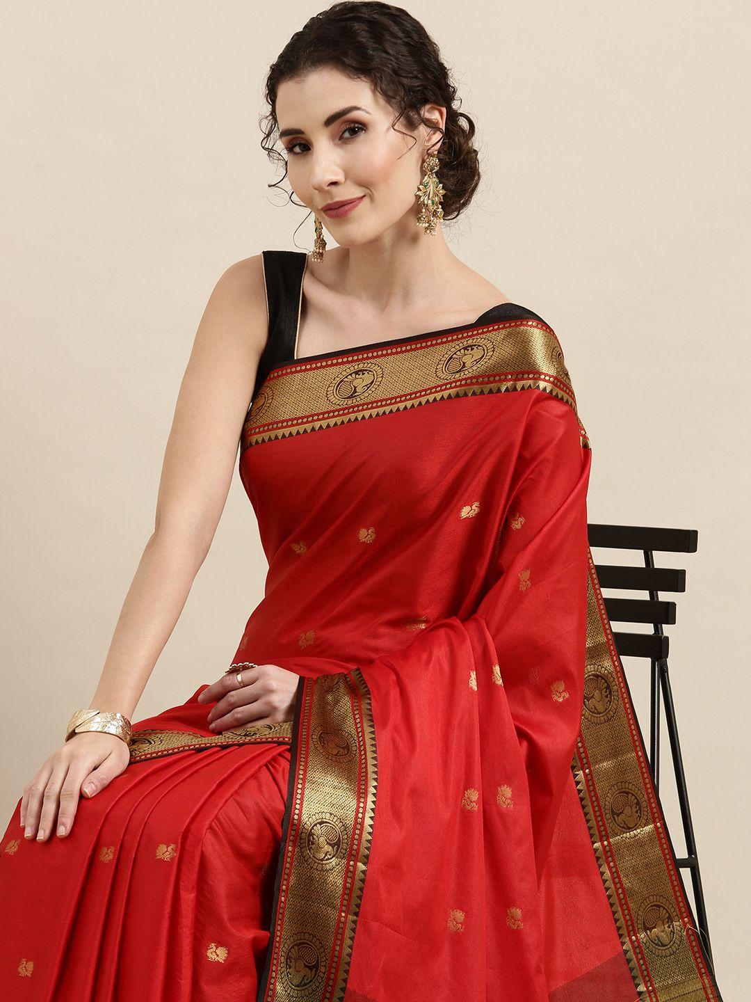 vastranand red zari silk cotton paithani saree