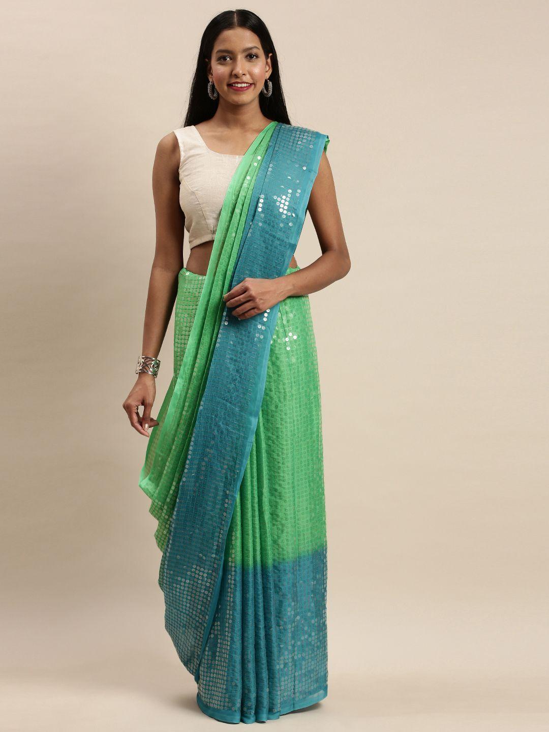 vastranand sea green & blue poly silk colourblocked sequined saree