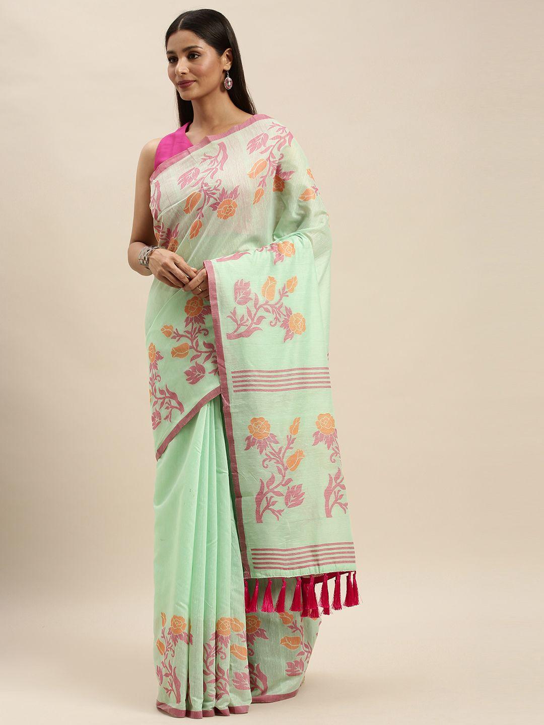 vastranand sea green & pink linen blend woven design banarasi saree