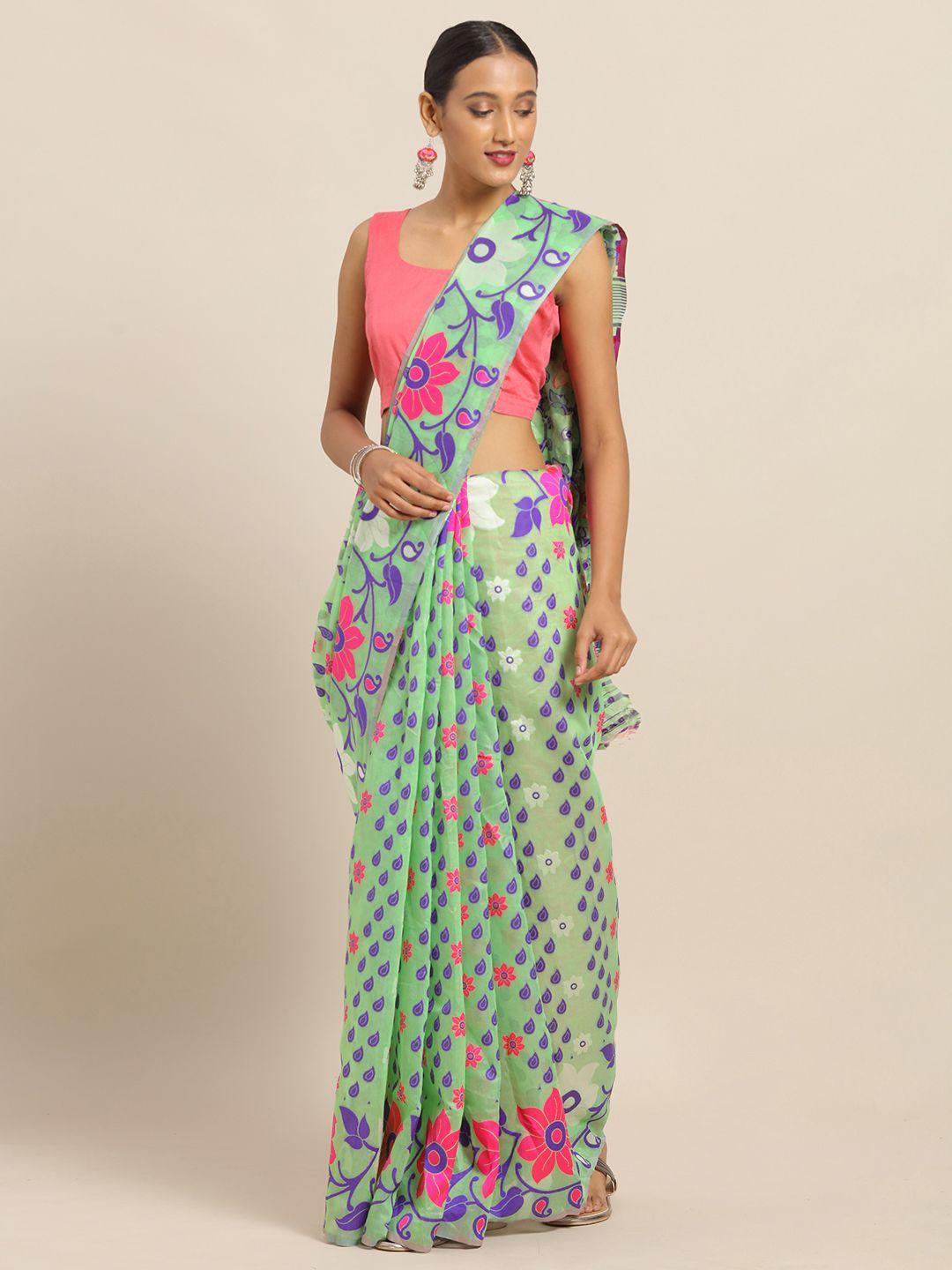 vastranand sea green & purple silk blend woven design jamdani saree