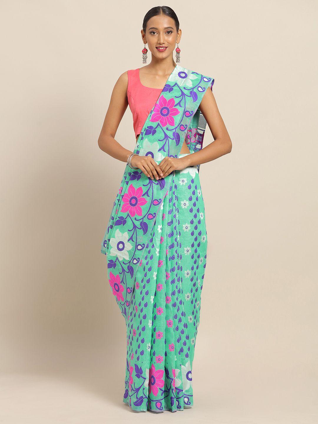 vastranand sea green & purple silk cotton woven design jamdani saree