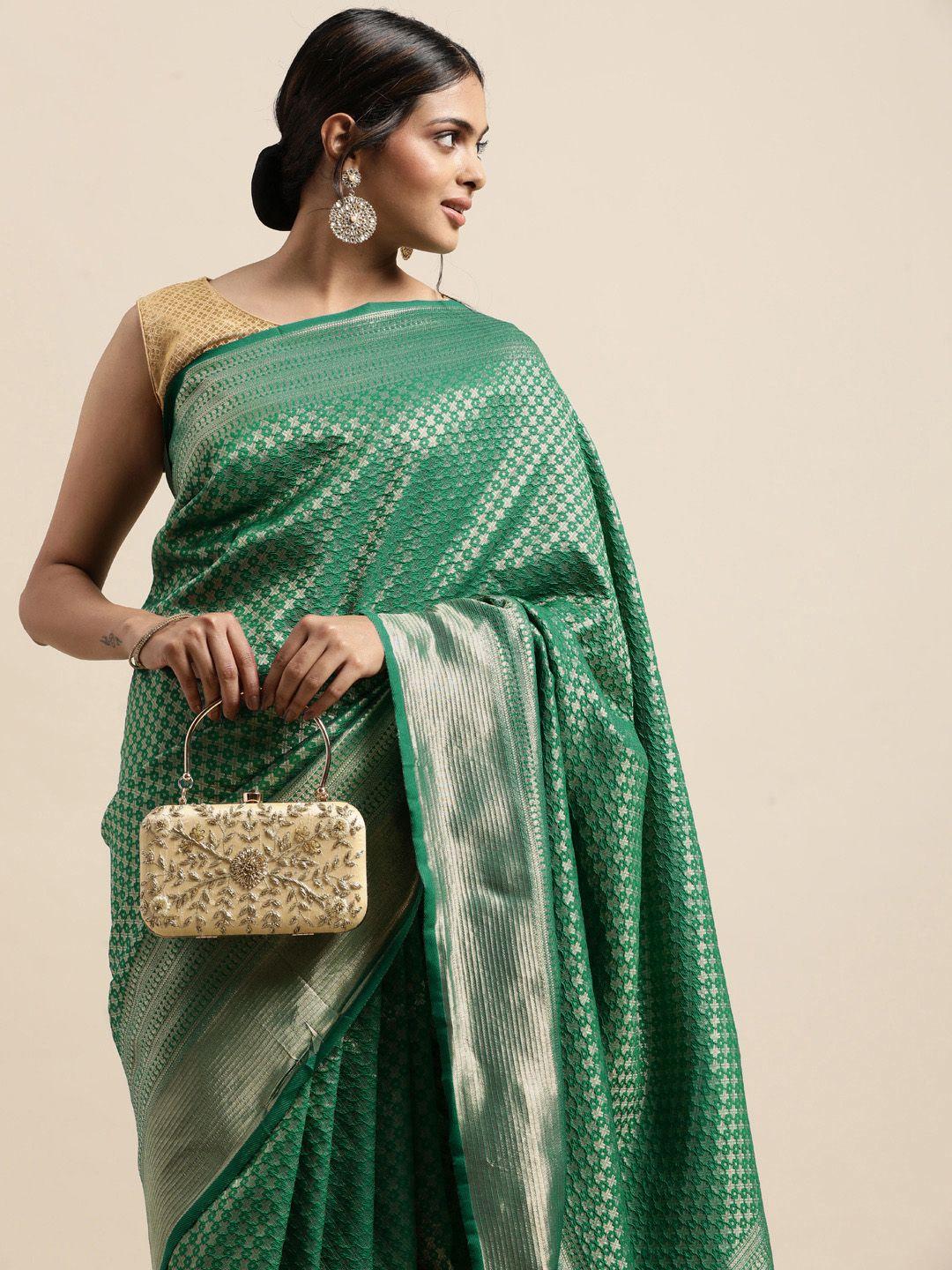 vastranand teal & gold-toned woven design zari silk blend kanjeevaram saree