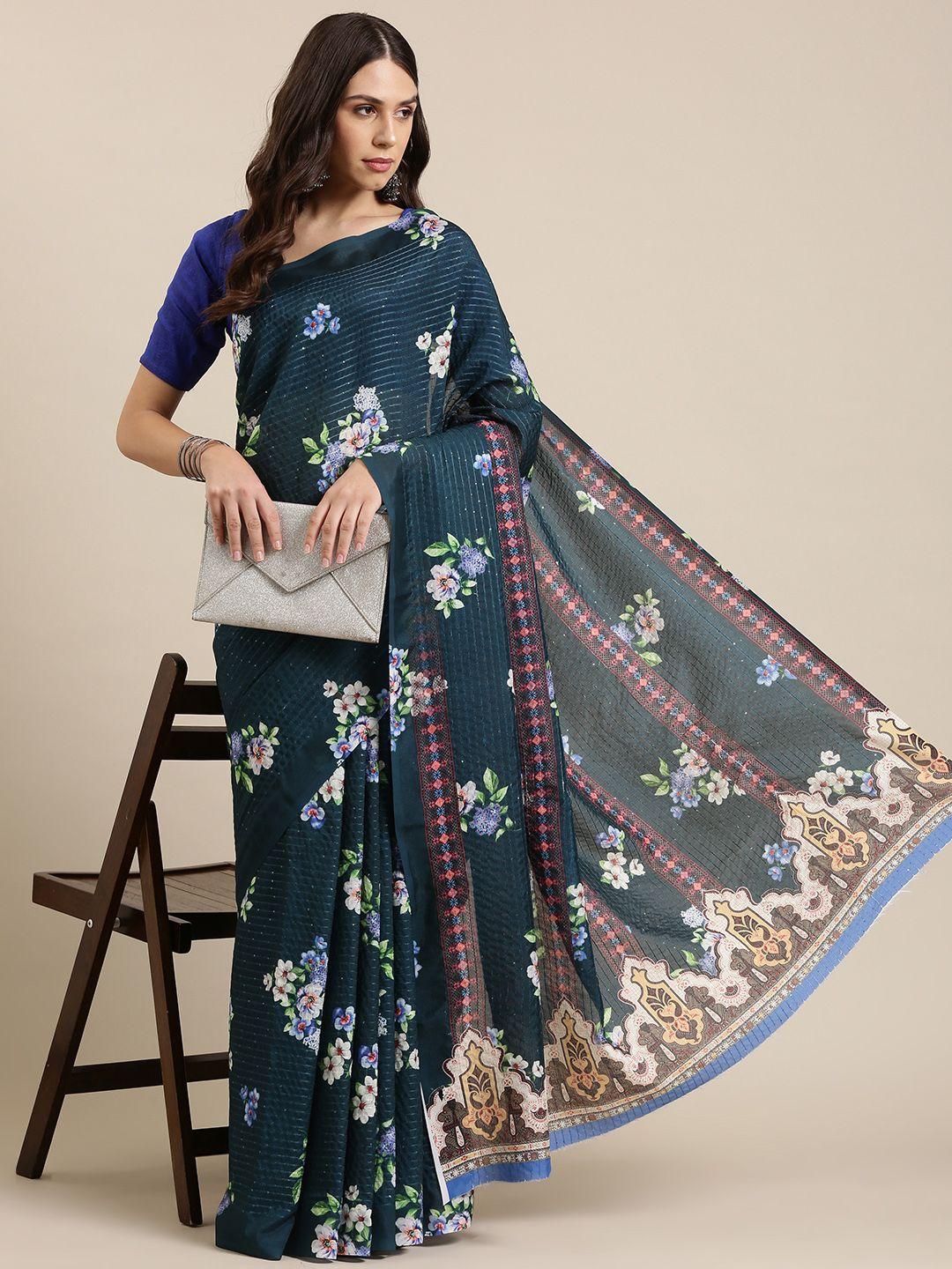 vastranand teal blue floral sequinned art silk saree