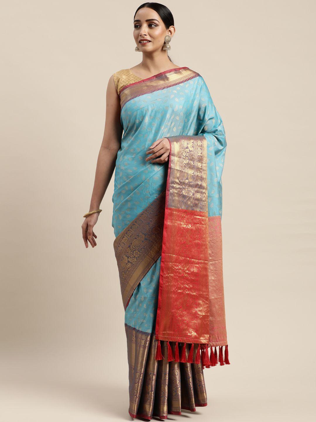 vastranand turquoise blue & red silk cotton woven design banarasi saree