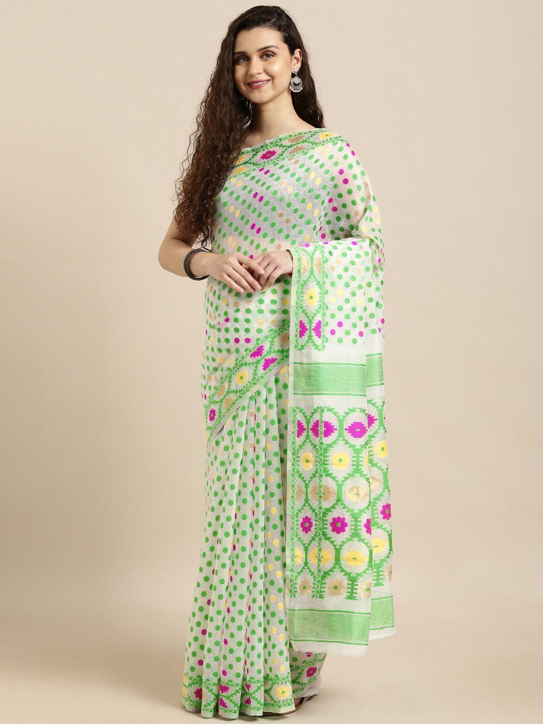 vastranand white & green silk cotton woven design jamdani saree
