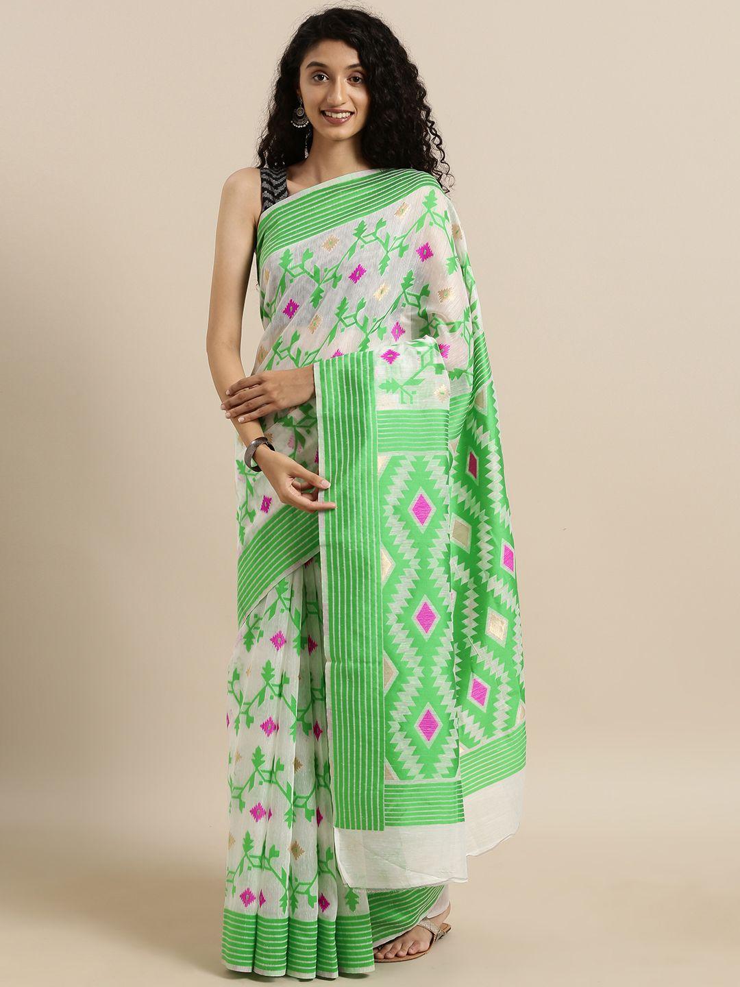 vastranand white & green silk cotton woven design jamdani saree