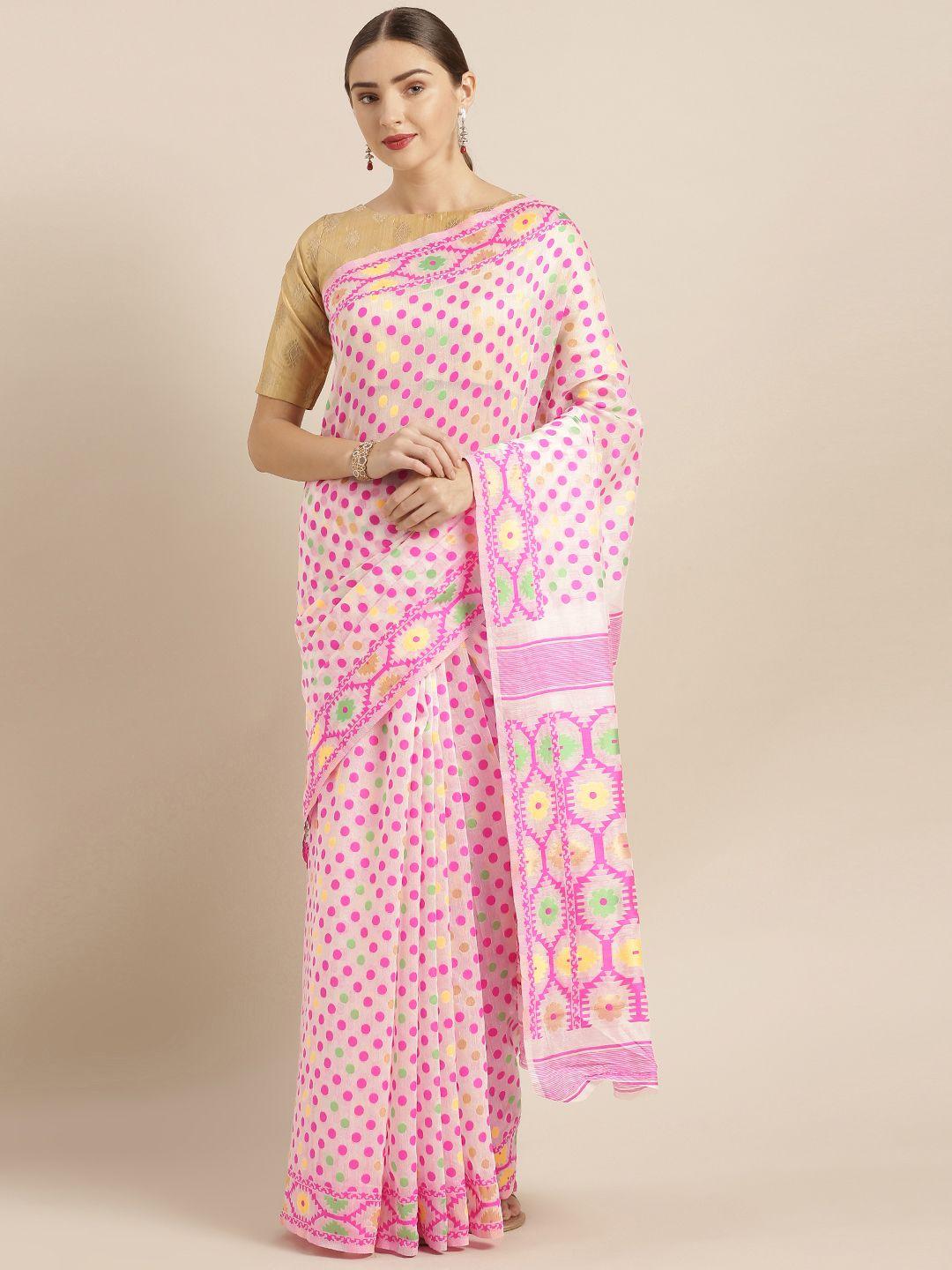 vastranand white & pink silk cotton woven design jamdani saree