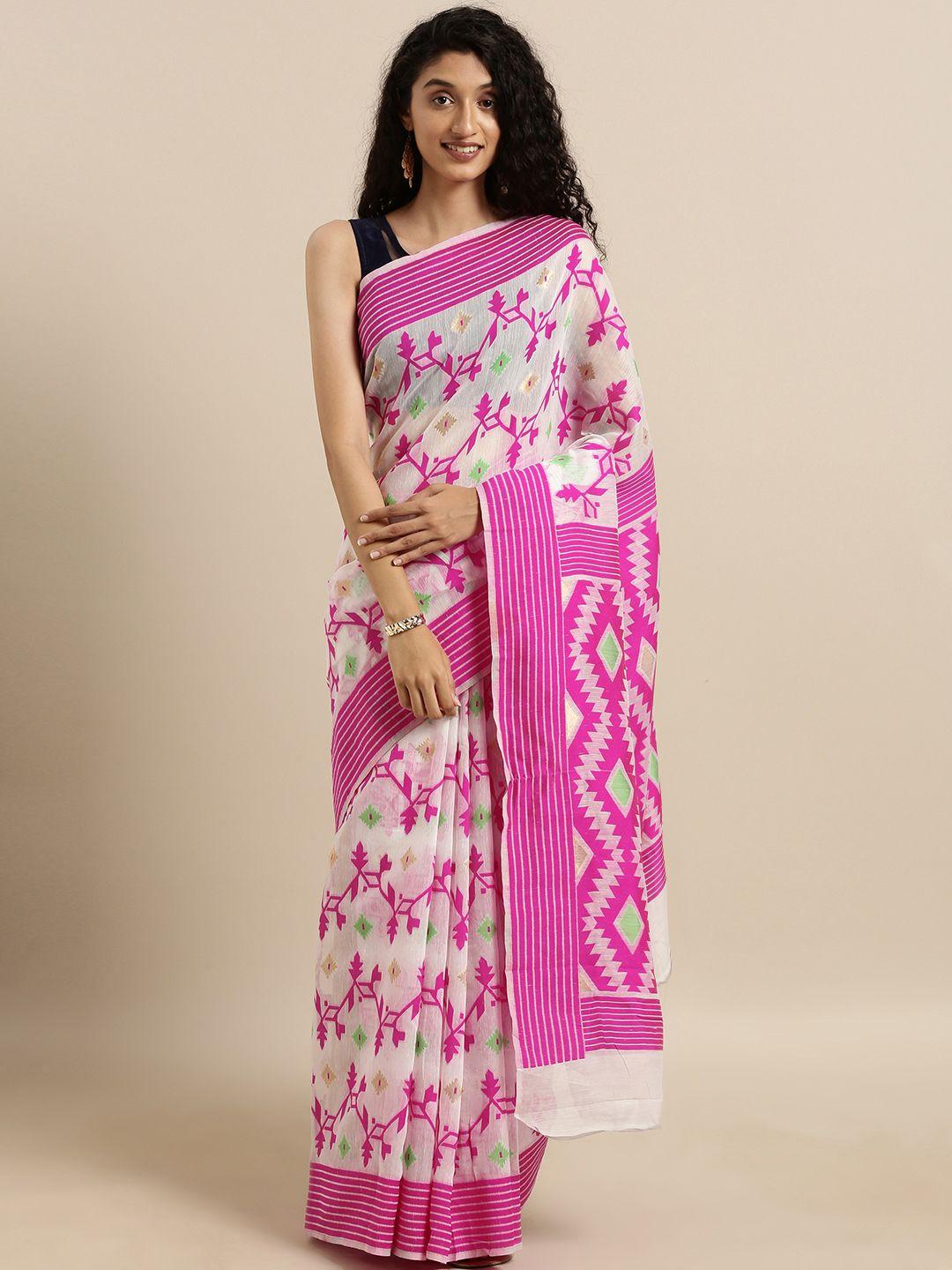 vastranand white & pink silk cotton woven design jamdani saree
