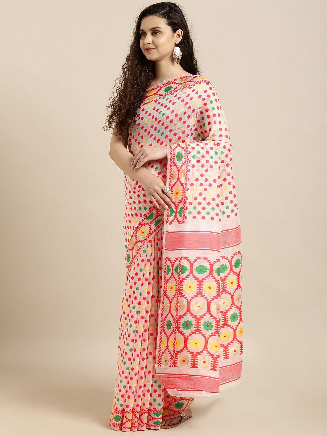 vastranand white & red silk cotton woven design jamdani saree