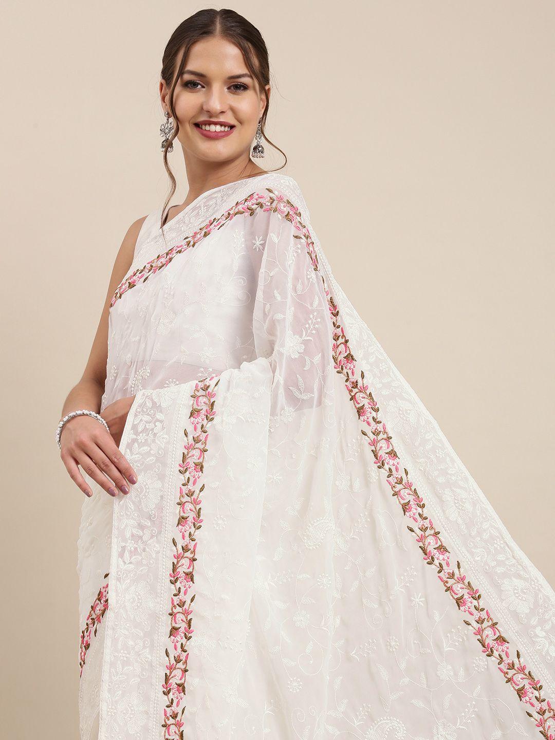 vastranand white floral embroidered chikankari saree