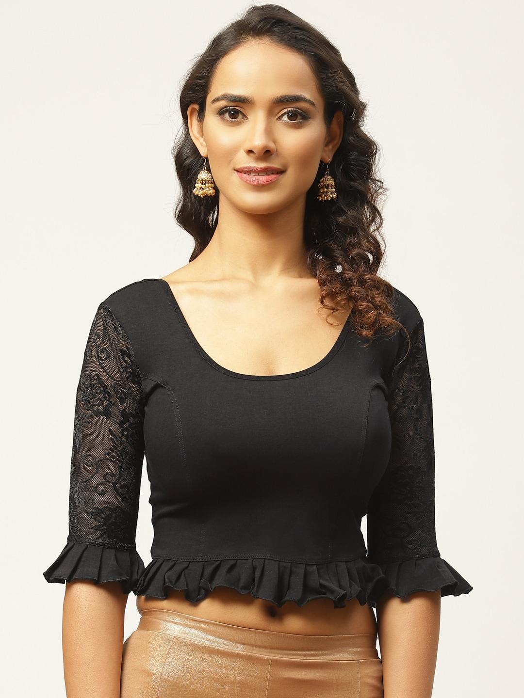 vastranand women black cotton solid stretchable saree blouse