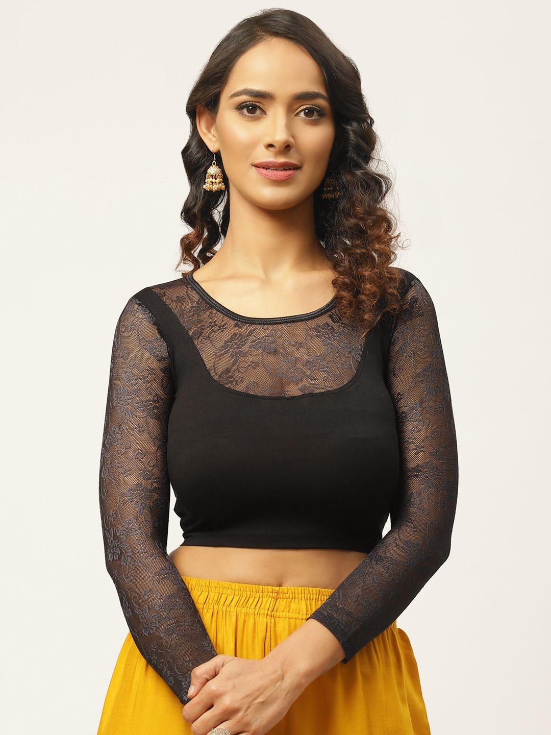 vastranand women black solid stretchable saree blouse with lace detail