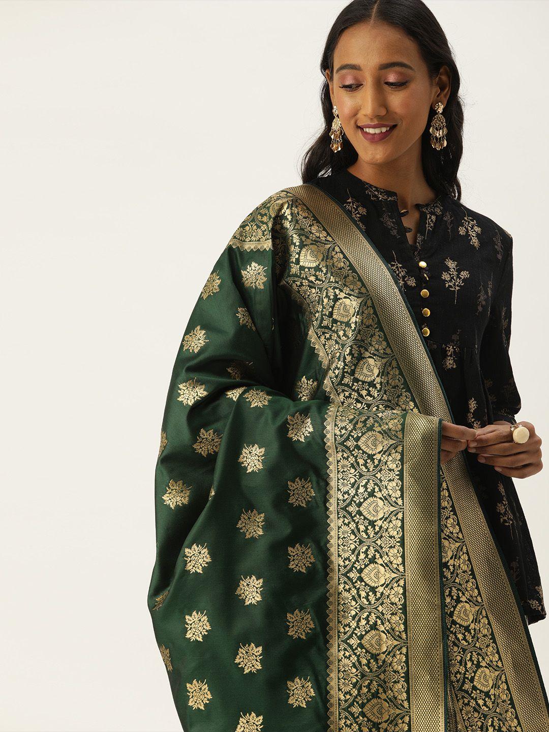 vastranand women green & gold-toned woven design banarasi dupatta