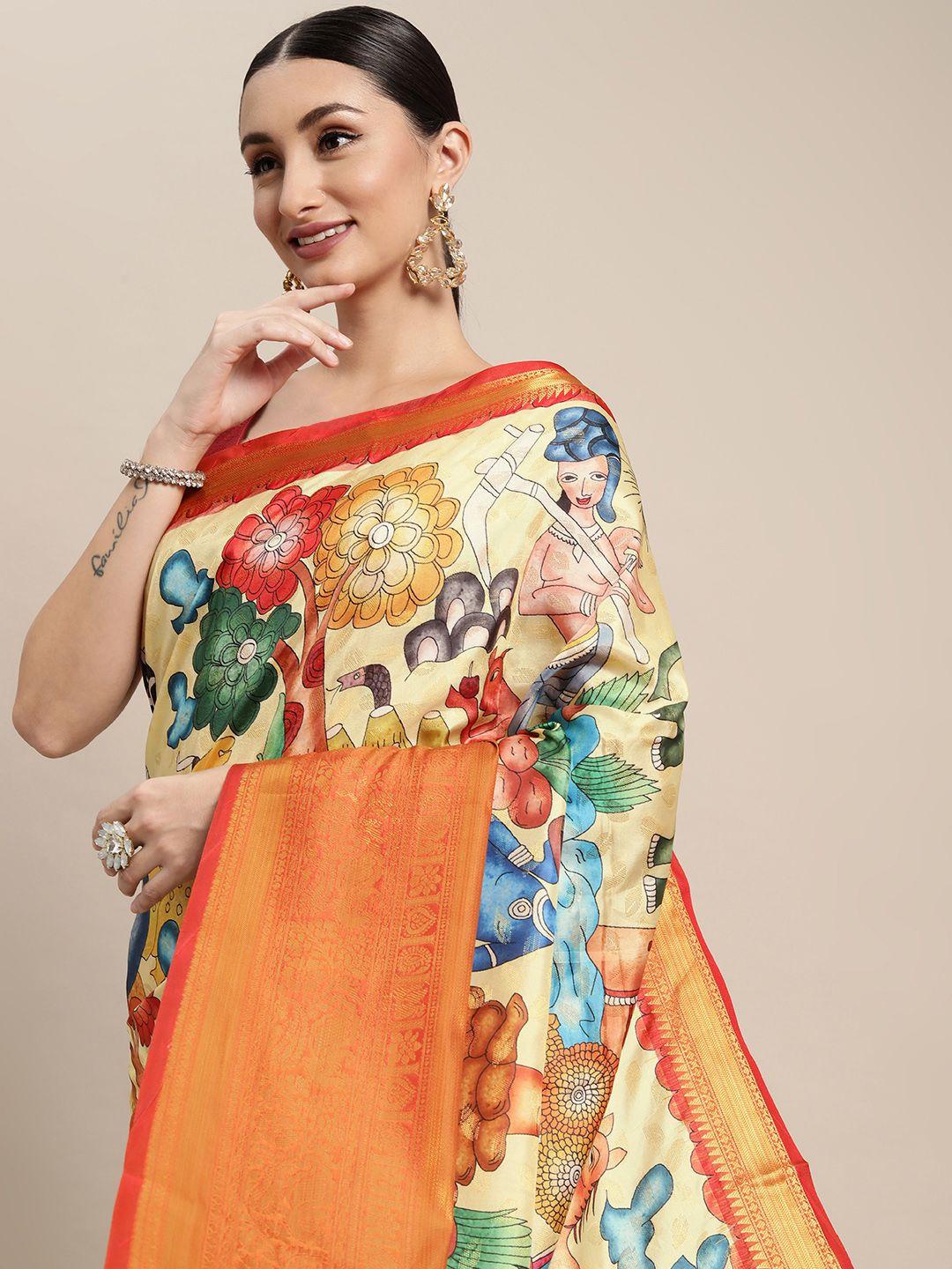 vastranand yellow & red kalamkari silk blend banarasi saree