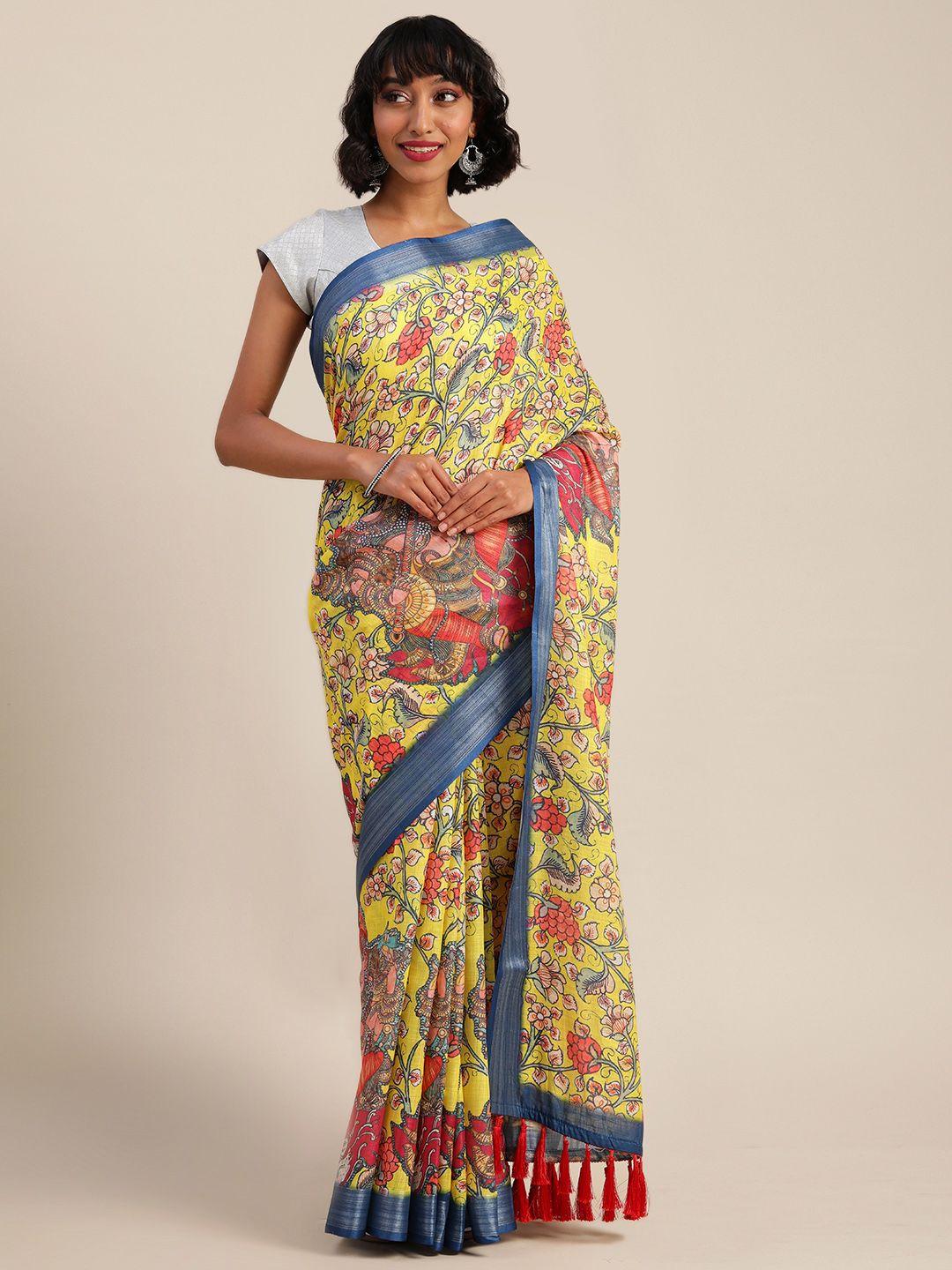 vastranand yellow & red linen blend kalamkari printed saree