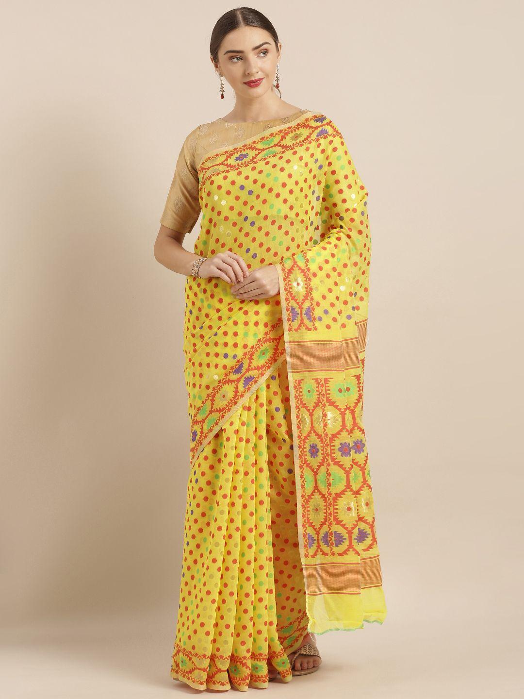 vastranand yellow & red silk cotton woven design jamdani saree