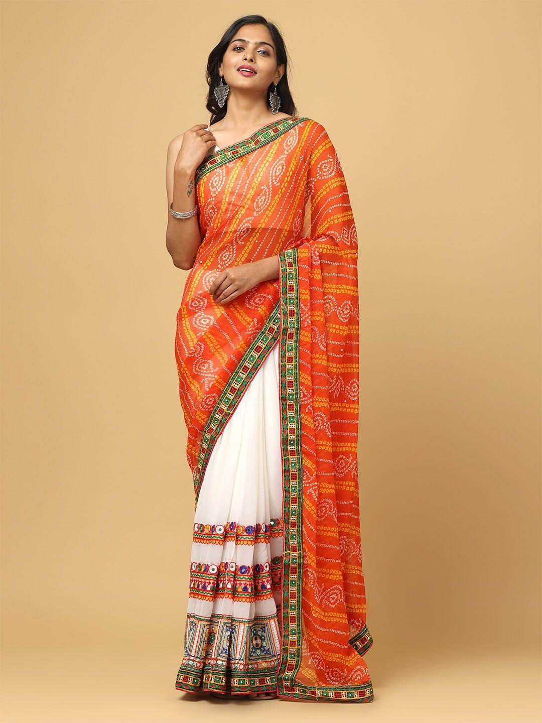 vastranand bandhani printed mirror work half and half ruffled saree