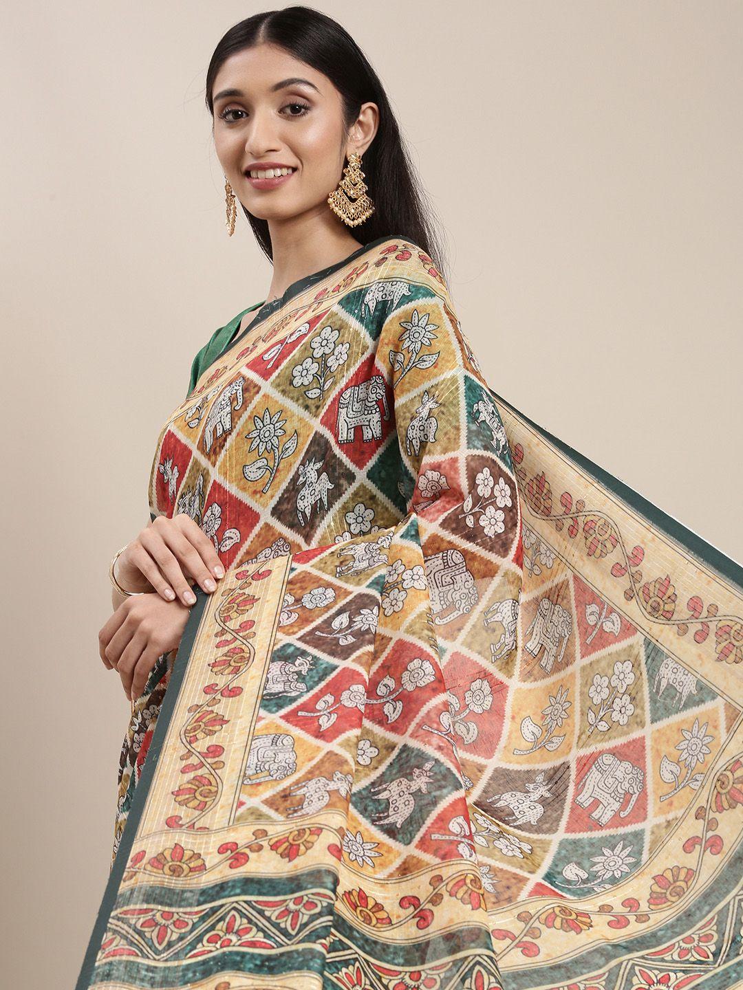 vastranand beige & green linen blend block print saree