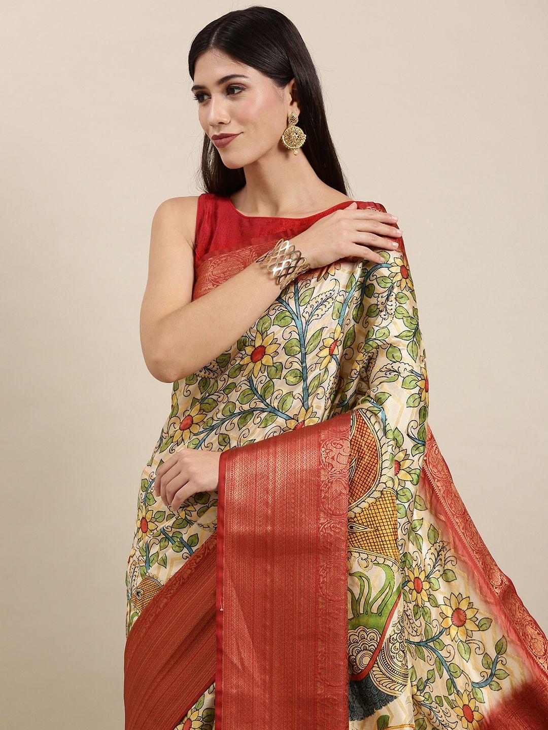 vastranand beige & maroon kalamkari print zari silk blend saree