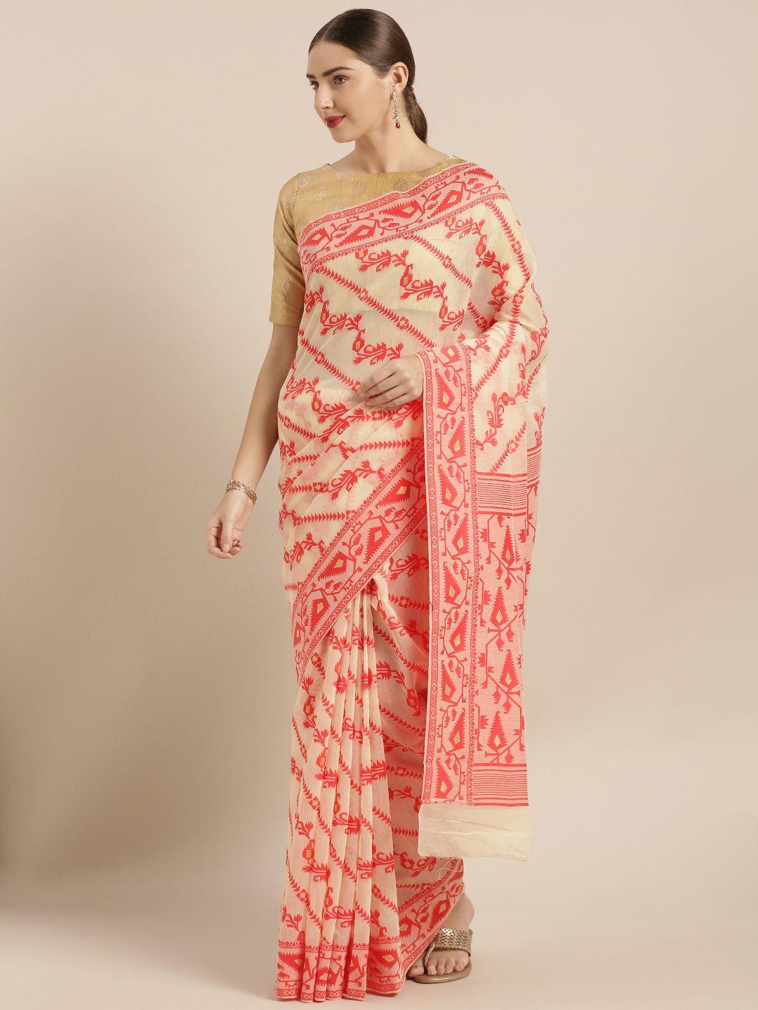 vastranand beige & red silk cotton woven design jamdani saree