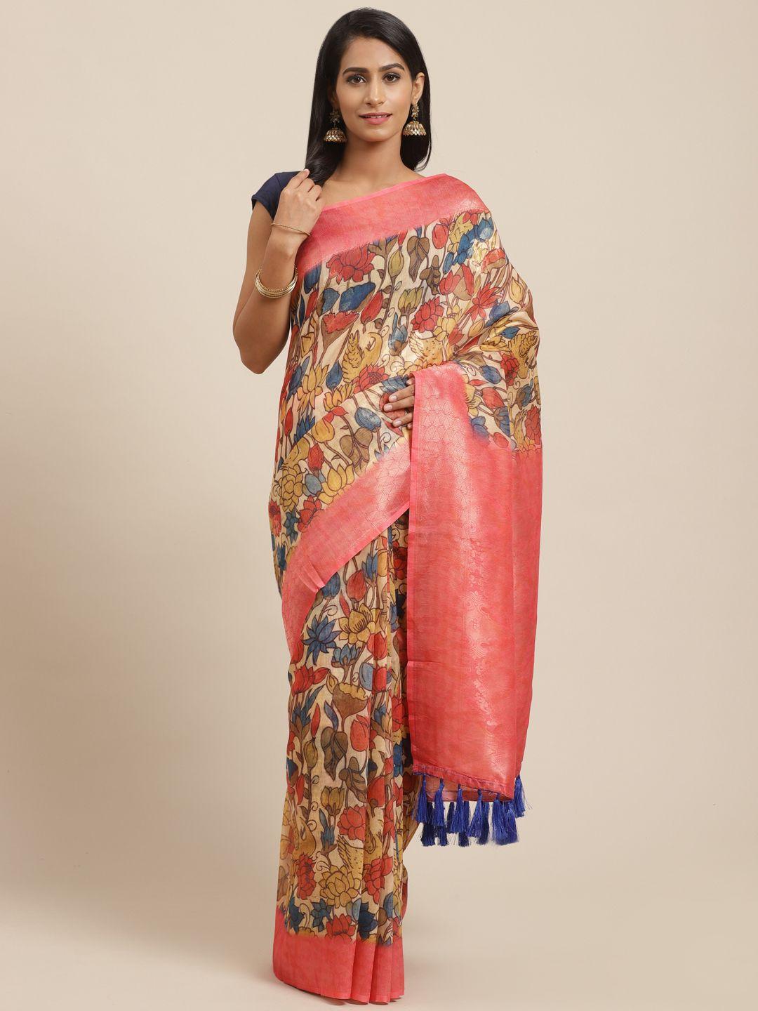 vastranand beige & rust red printed banarasi saree