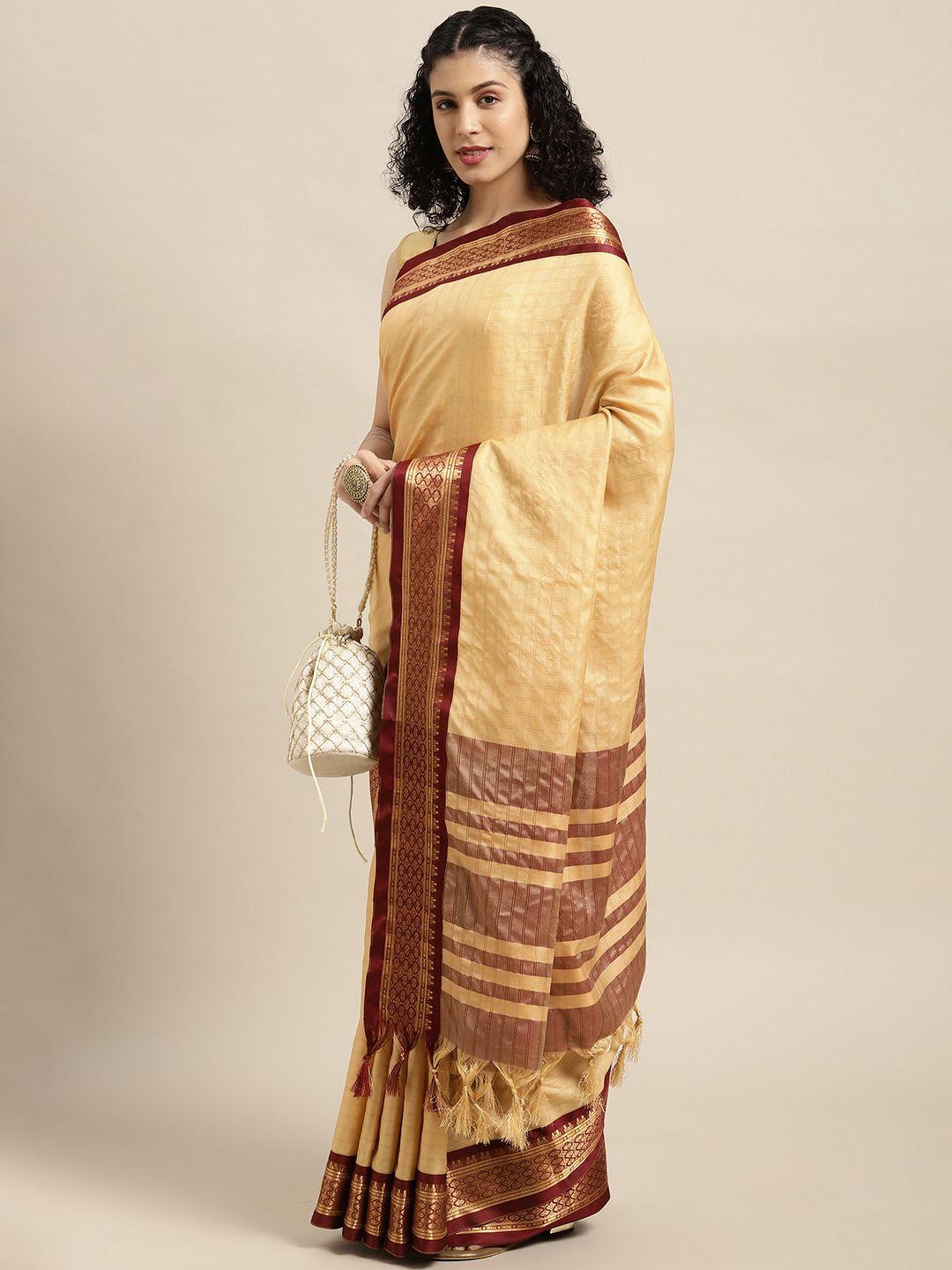 vastranand beige checked zari pure silk gadwal saree