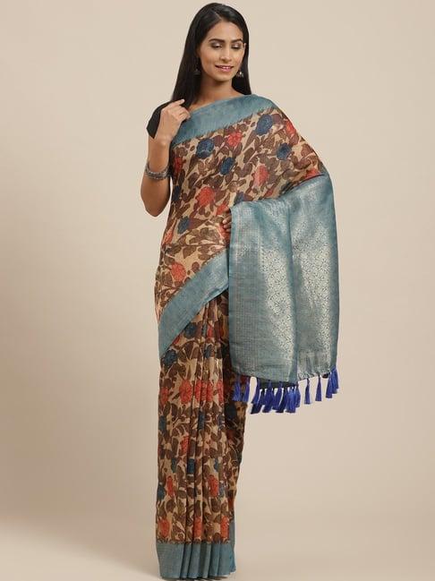 vastranand beige floral print saree with unstitched blouse