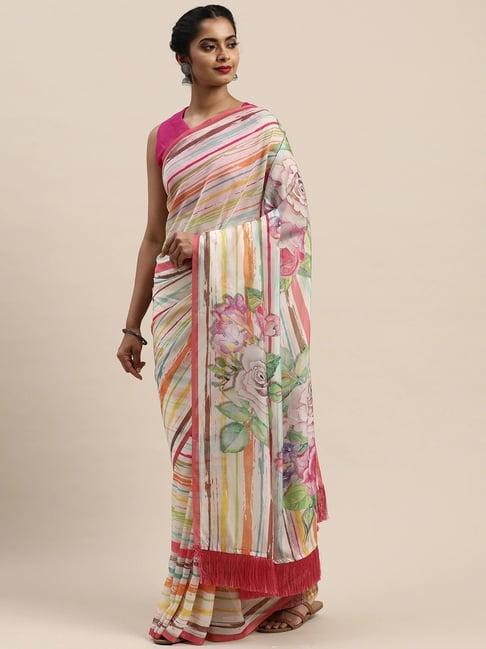 vastranand beige floral print saree with unstitched blouse