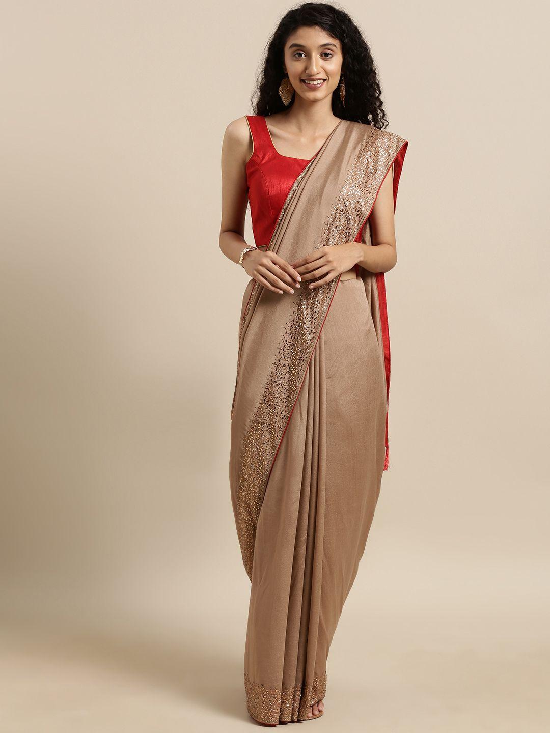 vastranand beige poly silk solid saree with embellished border