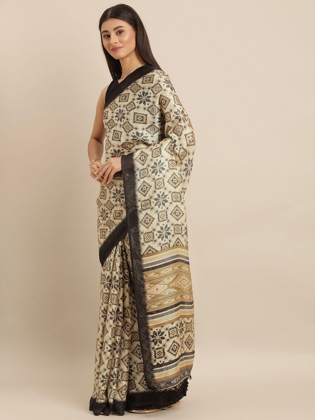 vastranand black & beige jute silk printed patola saree