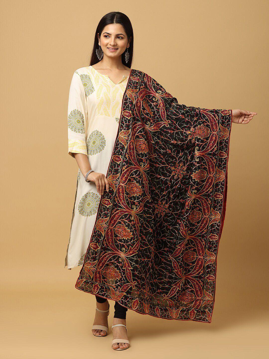 vastranand black & maroon ethnic motifs embroidered dupatta with thread work