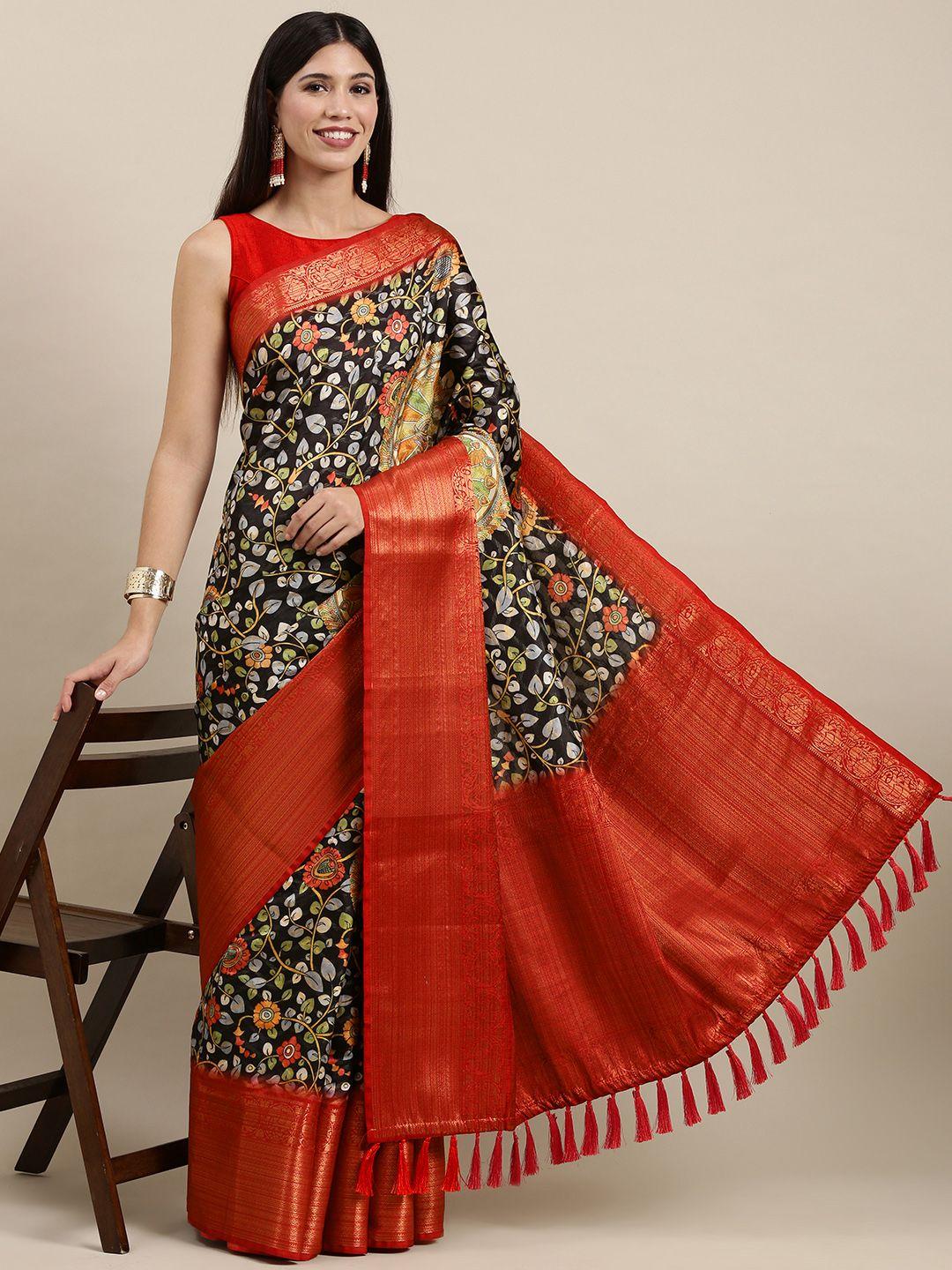 vastranand black & maroon kalamkari print zari silk blend saree