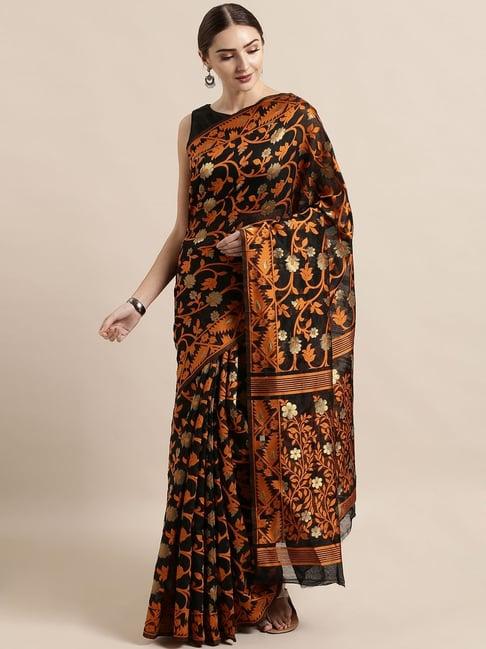 vastranand black & mustard woven saree with unstitched blouse