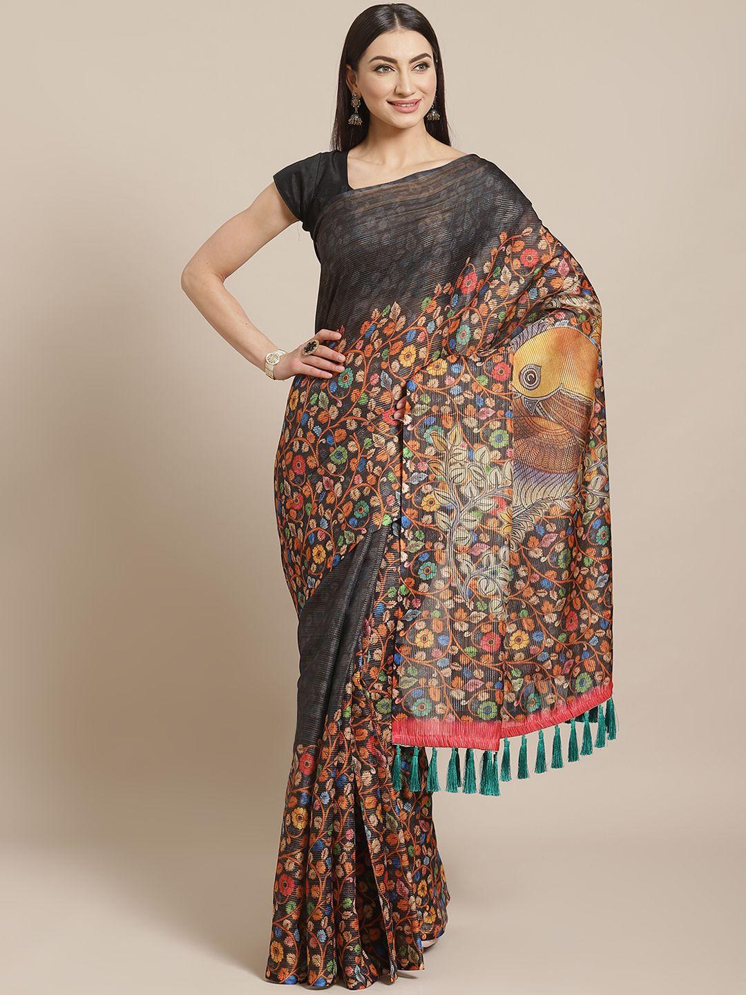 vastranand black & orange digital print maheshwari saree